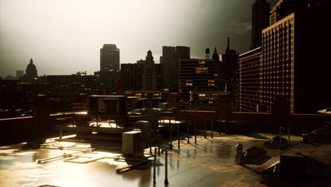 city skyline at sunset from rooftop