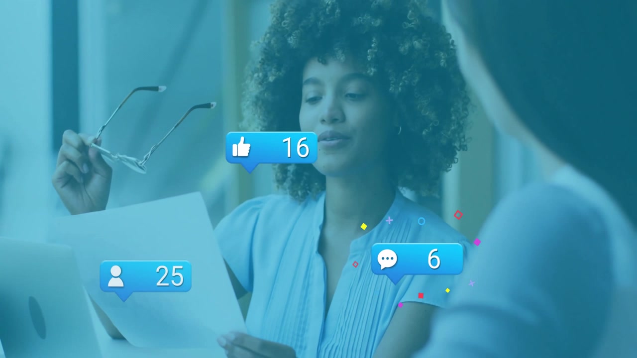 woman reading report shifting pages, bubble morphing into reaction icons tracking engagement