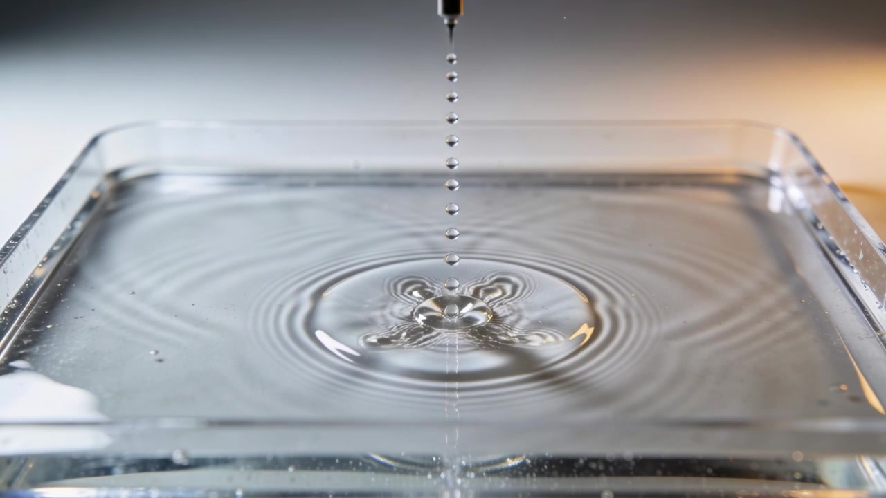 Eine tropfende Metalldüse lässt fallende Tropfen in eine mittige Glasschale gleiten, die Wellen zur Untersuchung bilden.