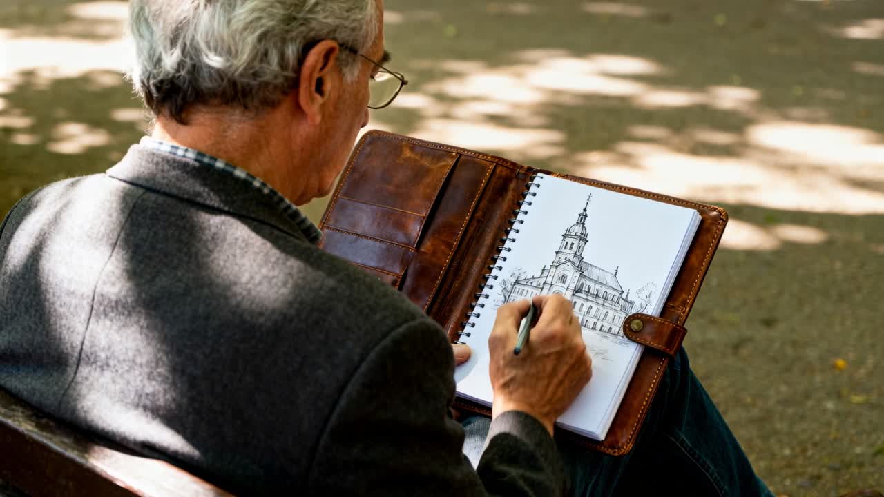 Uomo anziano che posiziona un portfolio e disegna una torre ornata, rifinendo i dettagli architettonici in una luce screziata.
