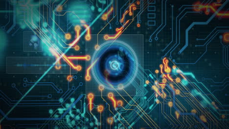 Circuit board and glowing nodes, futuristic technology animation