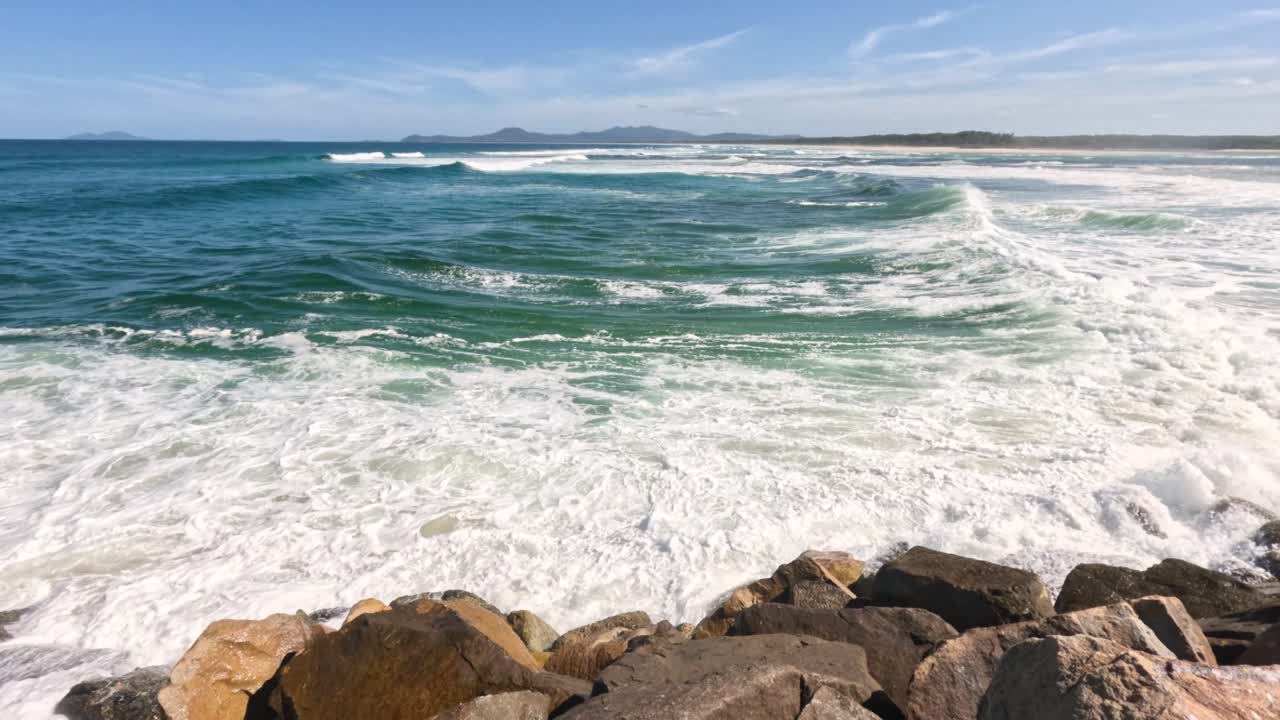 las olas del océano golpean las rocas en las cabezas de nambucca