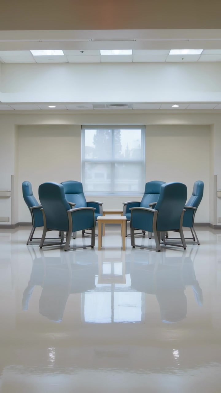 Video verticale: Telecamera che si inclina in una clinica per rivelare la scritta "USCITA" sopra sei sedie color verde acqua e uno sgabello.