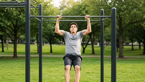 a fitness enthusiast demonstrates strength and control while performing pull-ups on bar equipment in a lush green park setting, showcasing health and outdoor activity