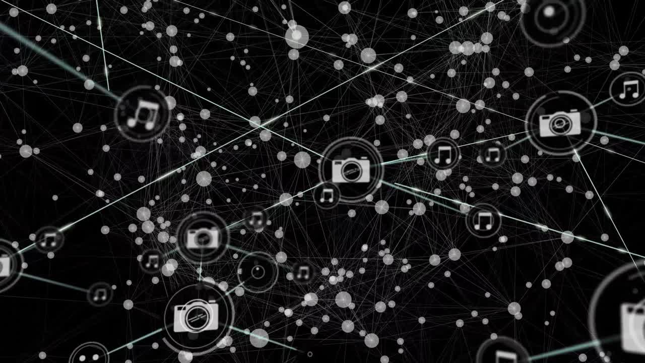 Animation of network of digital icons and white spots against black background