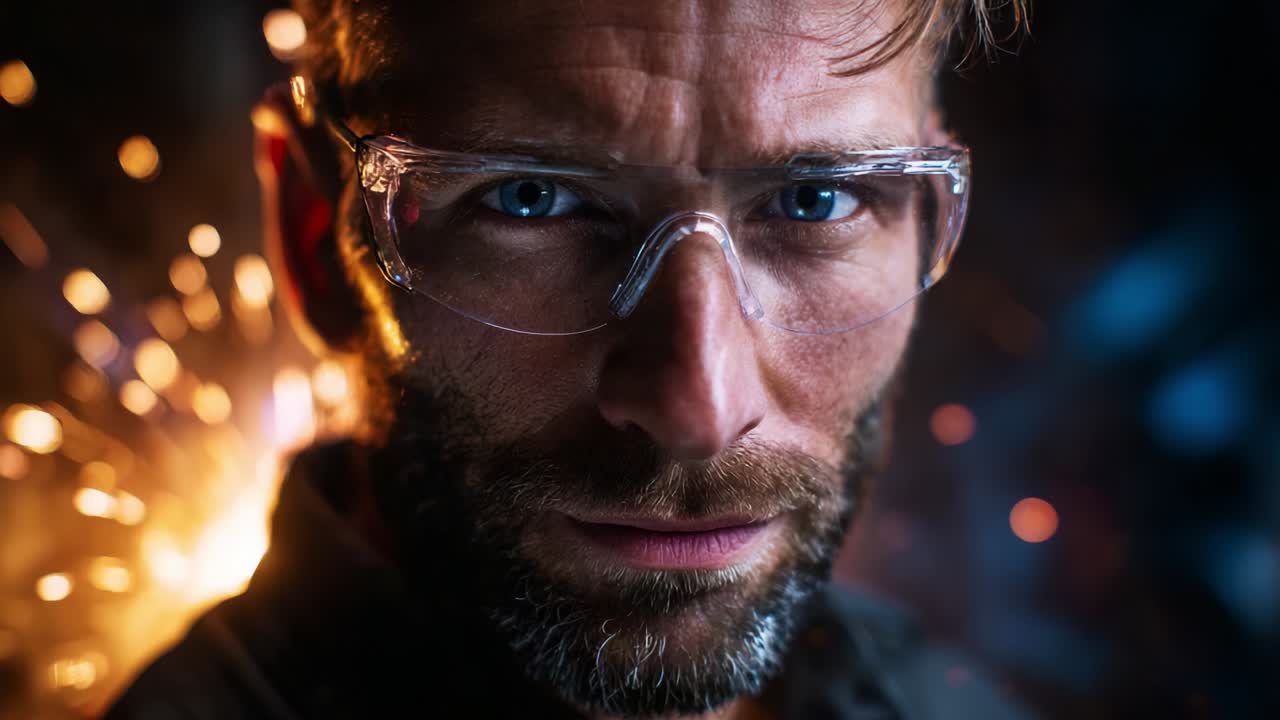 Focused and Determined Craftsman in Protective Gear with Intense Gaze Against a Sparking Background, Showcasing Skill and Precision in a Dynamic Work Environment