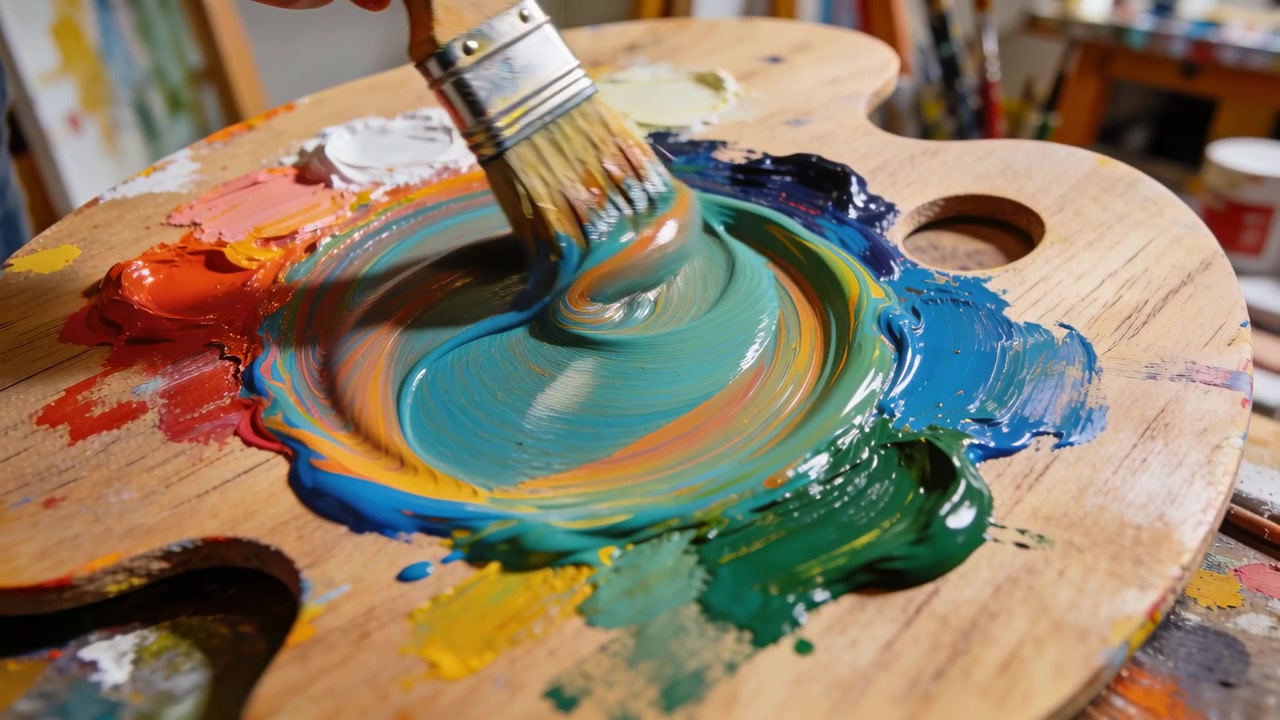 Posizionando il pennello, la mano dell'artista esegue movimenti circolari su una tavolozza di legno in studio, preparando la miscela.