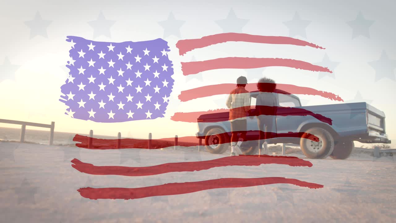 해변의 해변에서 혼합 인종 부부 위에 그려진 미국  ⁇ 발의 애니메이션