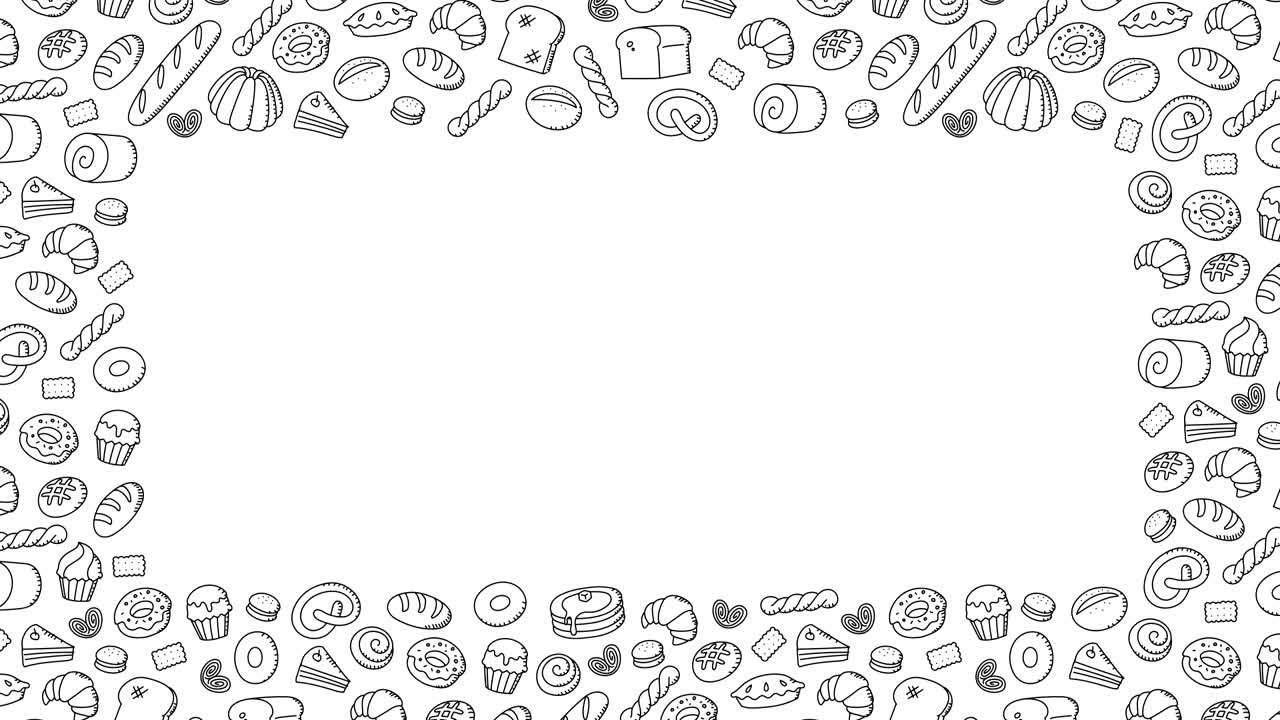 베이커리 움직이는 프레임 패턴 배경 만화 손 그림 윤 스트로크 일러스트레이션 백색 배경에 고립 된 원활한 루핑 애니메이션 4k, 중앙 복사 공간