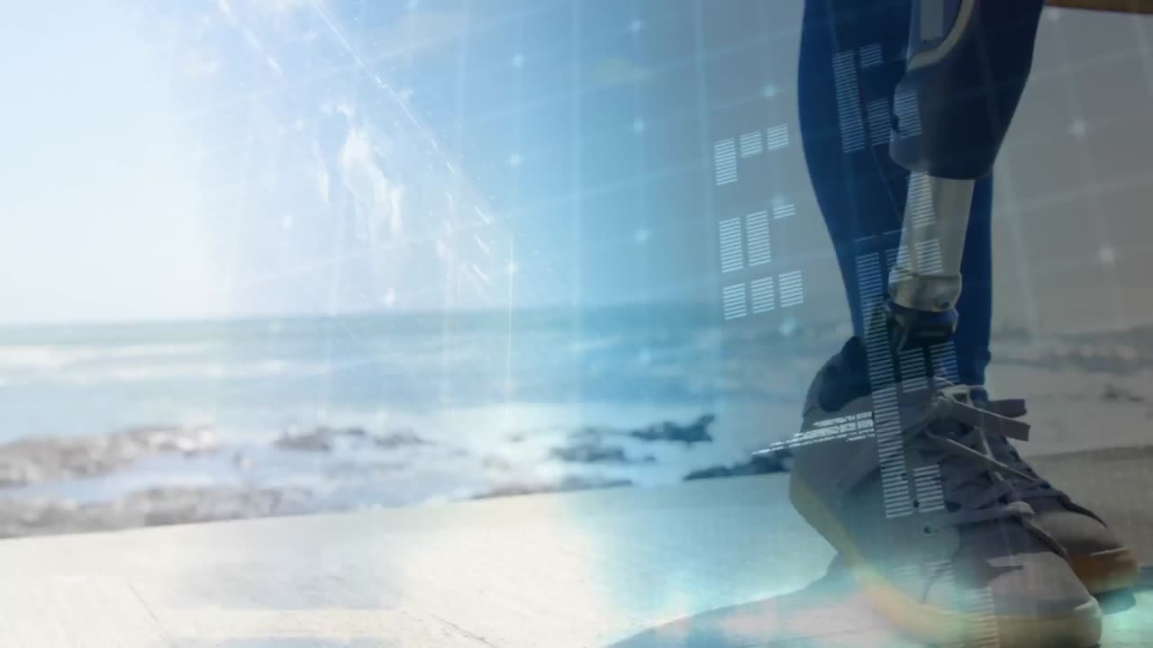 Animation af databehandling med kvinde med proteseben i baggrunden