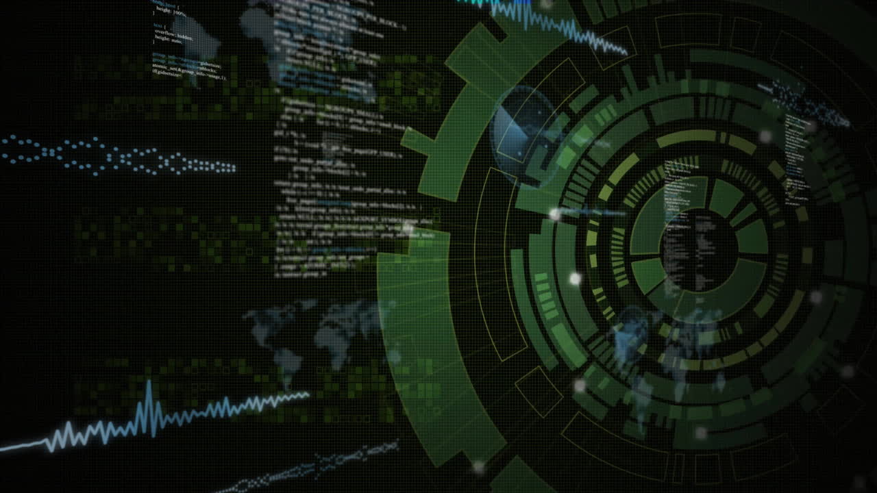 Green circular HUD interface rotating on right, showing code snippets, waveform, map in 3D render