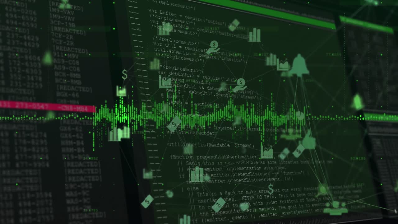 Animation of illuminated soundwaves, connected multiple icons over screen with computer language