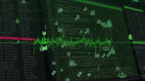animation of illuminated soundwaves, connected multiple icons over screen with computer language