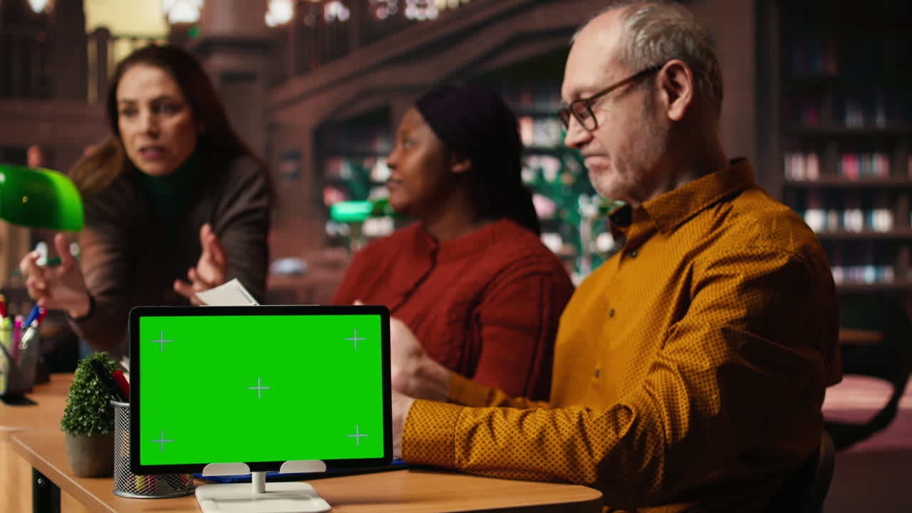 Riunione in ufficio con tablet e schermo verde