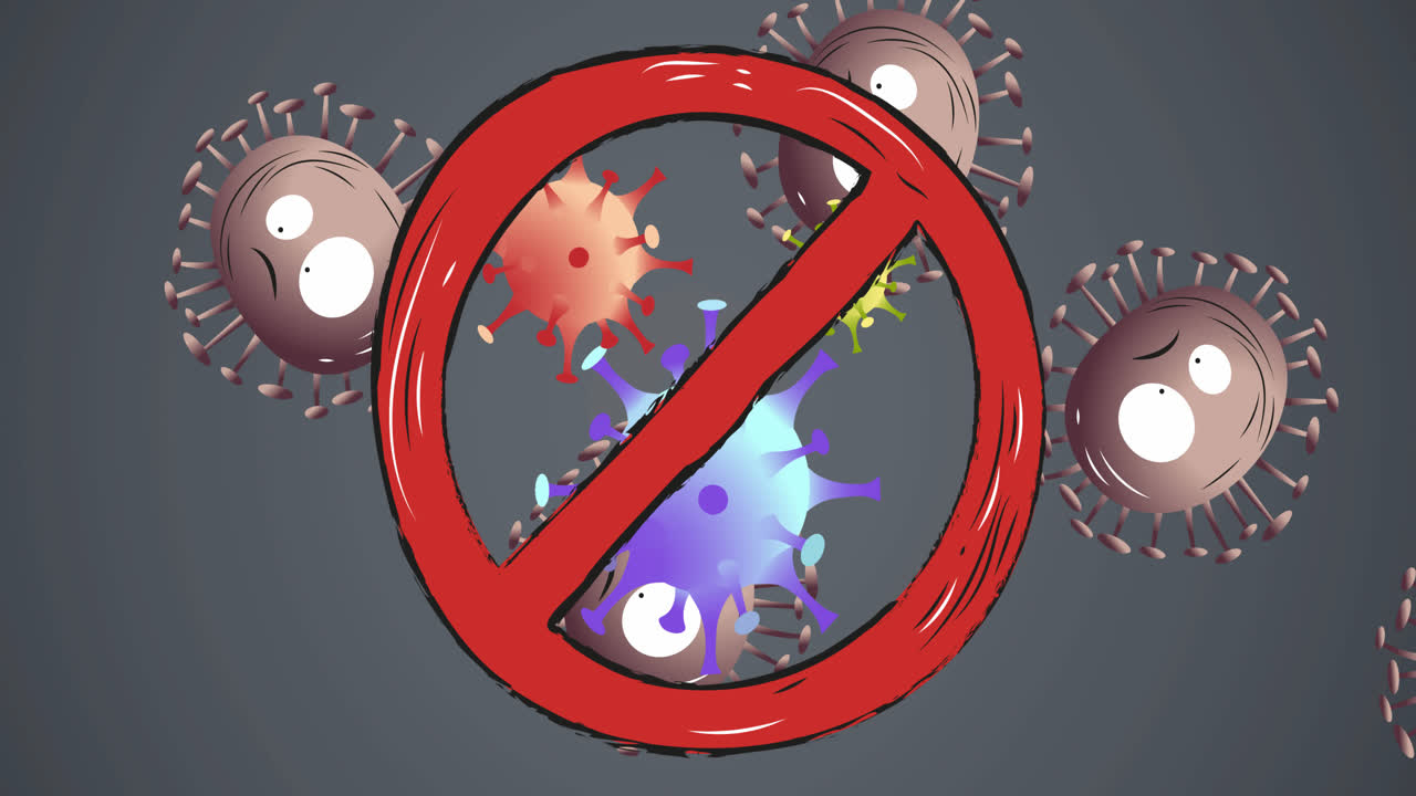 회색 배경에 covid-19 세포 위에 입국 금지 표지판의 애니메이션