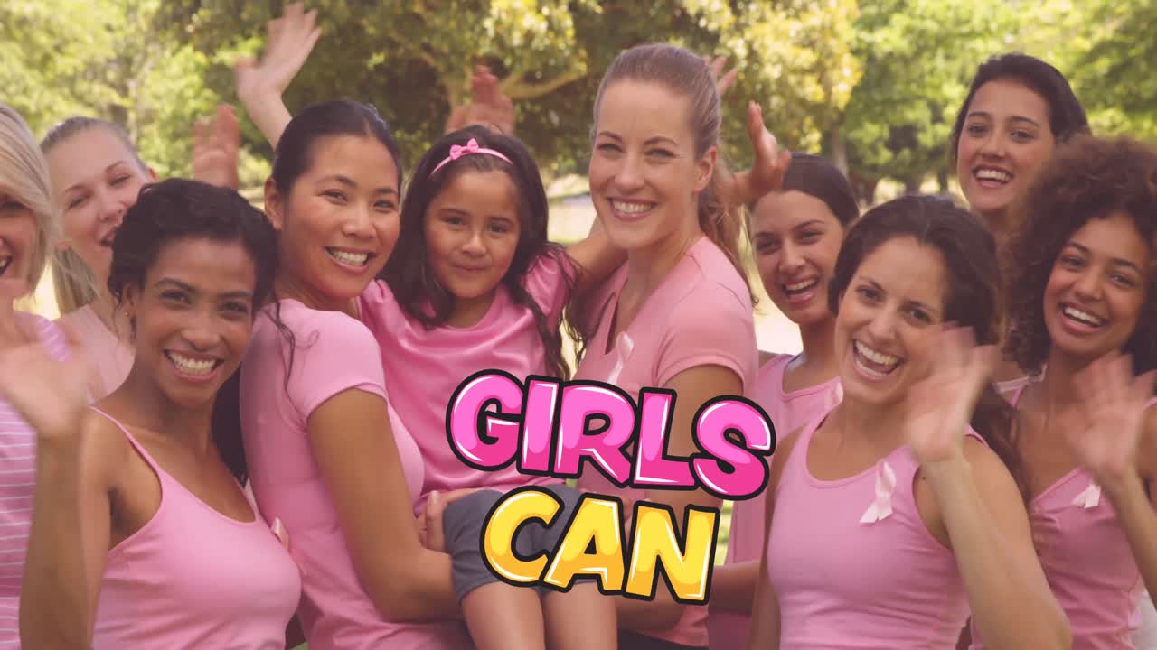 Animation des Textes "Girls Can" über einer Gruppe Freundinnen.