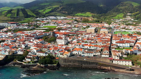 Aerial-drone-view-of-the-beautiful-local-town-of-Vila-Franco-Do-Campo,-Sao-Miguel-island,-Azores---Portugal