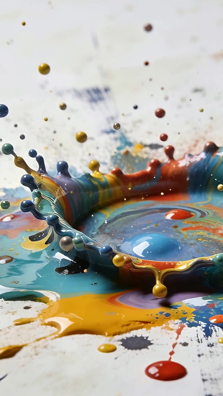 Video verticale: Goccioline che cadono su vernice colorata su una lavagna bianca, formando e poi facendo crollare una corona.