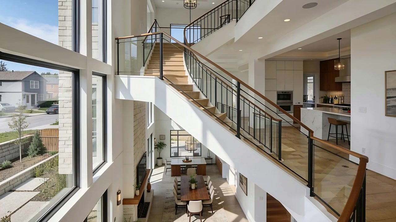 Kameraet panorerer langsomt og afslører en buet træ- og glastrappe i et moderne hus i to etager, til salg.