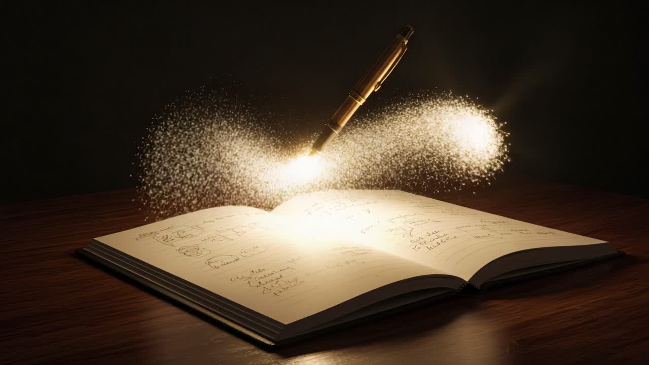 Illuminated Creativity: A Majestic Pen Writes On Pages Filled With Ideas, Sparkling Inspiration in Dim Light, Capturing the Essence of Imagination and Thoughtful Reflection