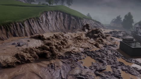 aerial view of a devastating flood and landslide event