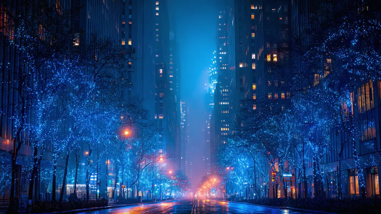 A Serene, Foggy Urban Landscape Bathed in Blue Lights, Showcasing Twinkling Trees and Glowing Buildings in a Dreamlike Atmosphere