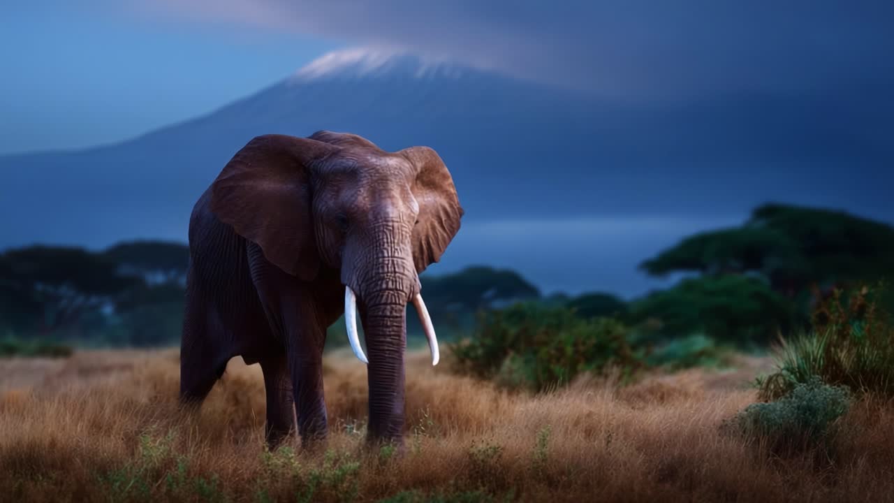 Majestic Elephant Walking Through African Grasslands Under a Distant Snow-Capped Mountain at Dusk