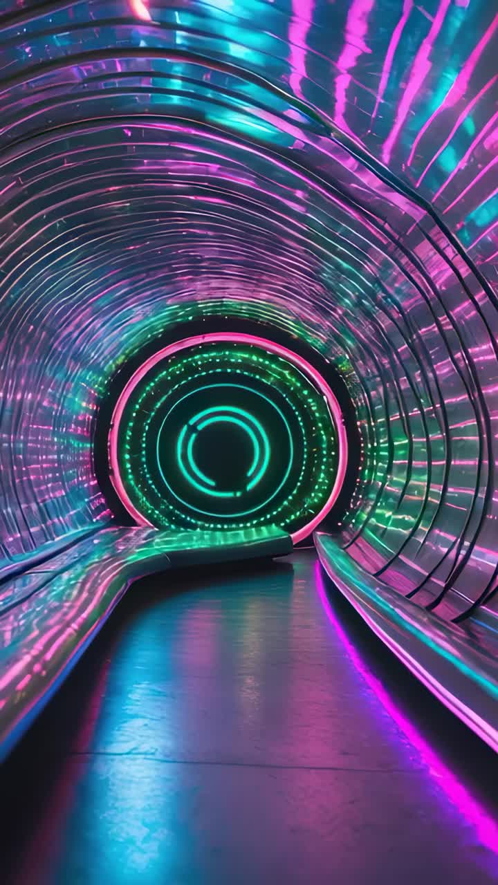 Vertical video: On start, camera gliding through LED tunnel showing panels and pulsing portal rings