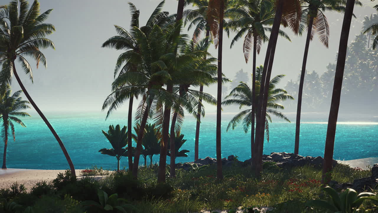 Tropical Beach Paradise: Palm Trees, Turquoise Water, and White Sand