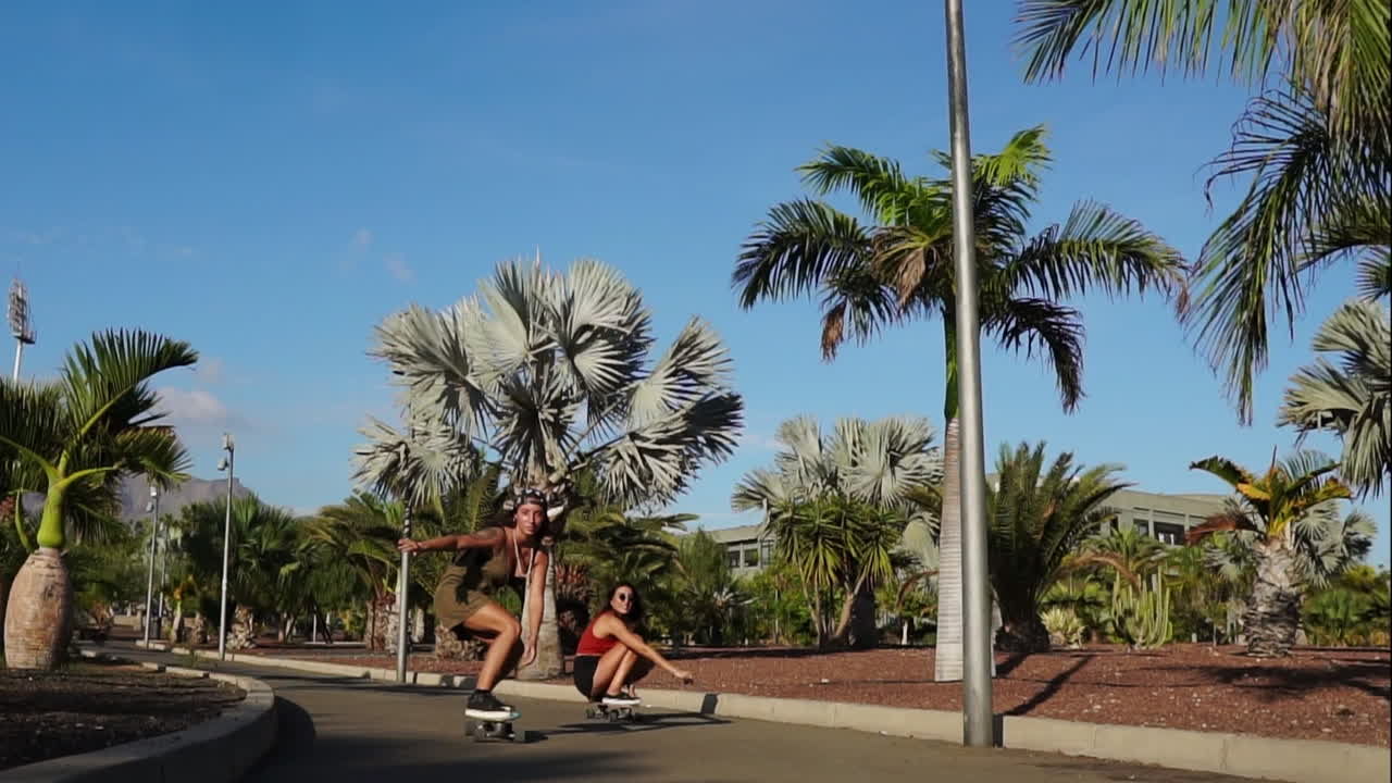 Against the backdrop of palm trees, two young Hispanic women enjoy leisurely skateboarding on island paths, their experience captured in slow motion under the sunset's glow. This symbolizes happiness and a healthy life