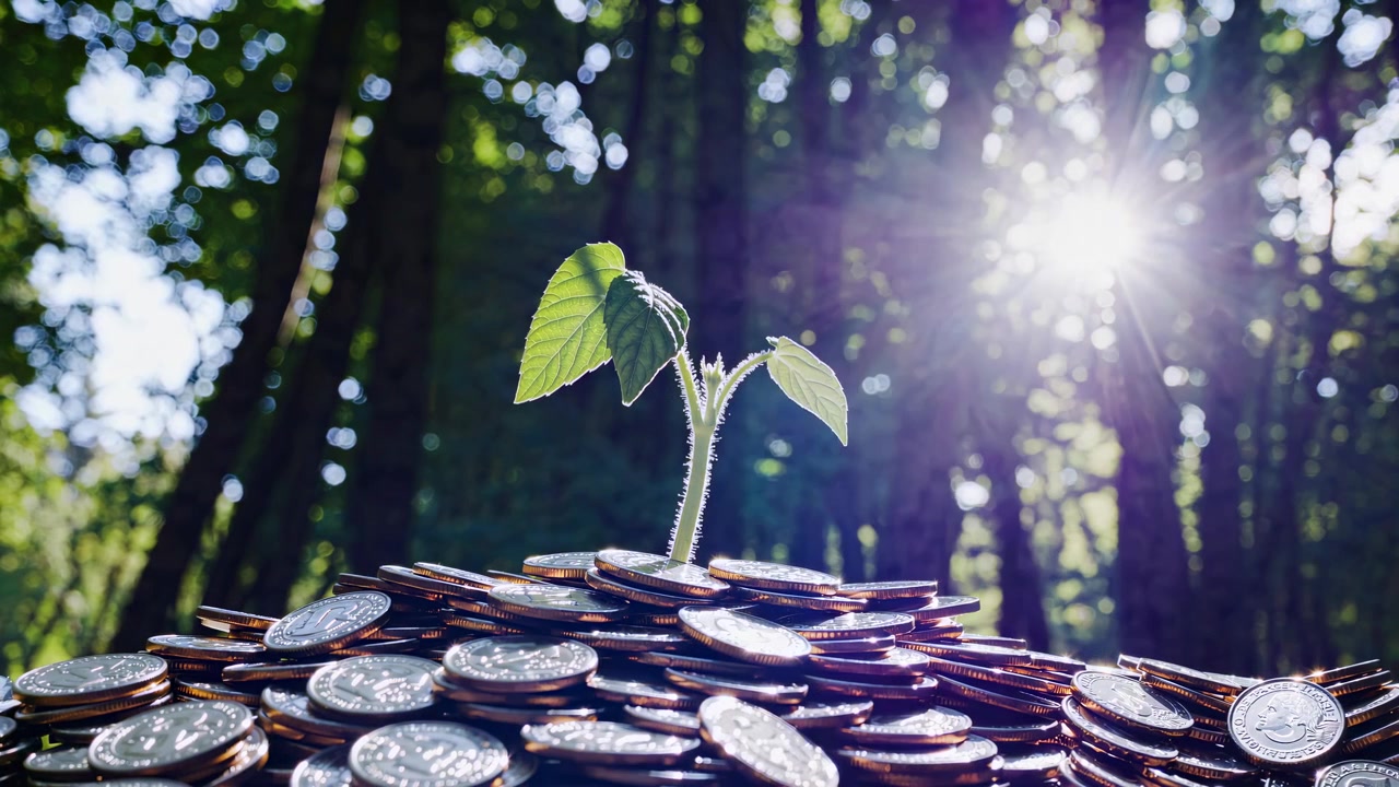Pequeña planta verde brotando de un montón de monedas en un bosque