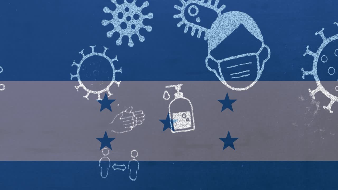 анимация клеток вируса covid-19 и цифровых иконок над флагом гондураса