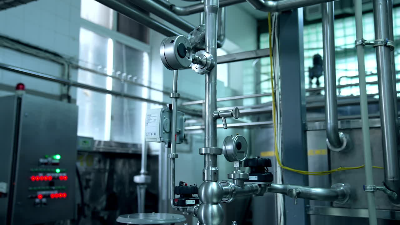 Milk production at a dairy factory. Metal pipes and new technology tubes inside a milk farm. Automated equipment on dairy factory.