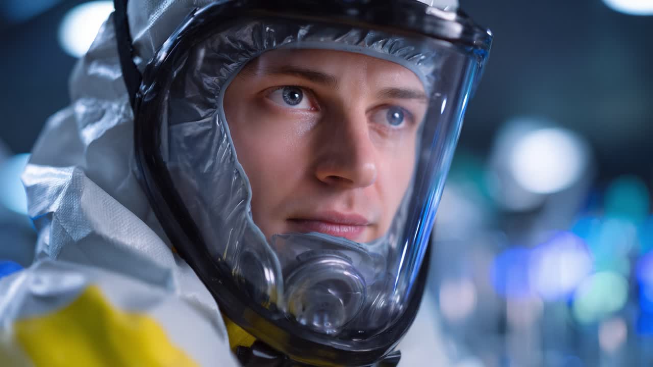 Astronauta concentrato in una tuta protettiva, pronto per un'importante missione in un ambiente high-tech, che mostra determinazione e precauzioni di sicurezza avanzate