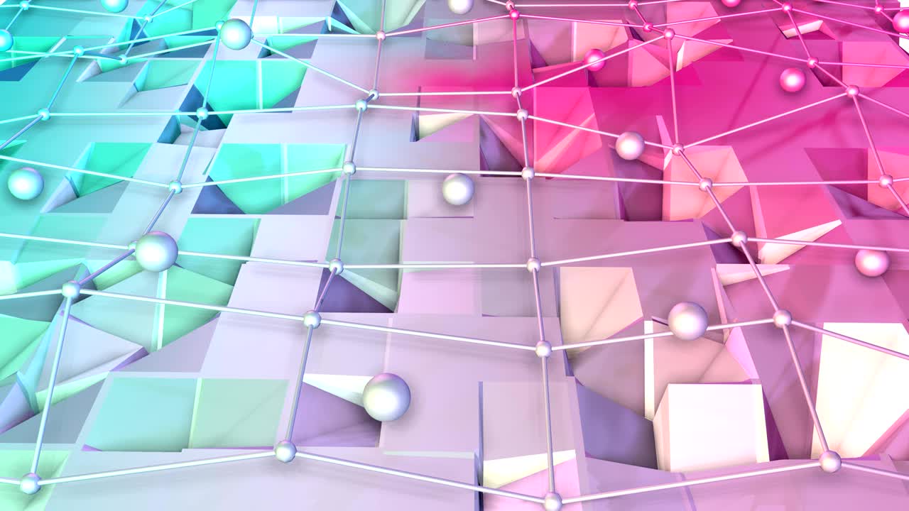 baja superficie polimétrica 3d con cuadrícula o malla voladora y esferas móviles como entorno simple. fondo polimétrico suave bajo de polígonos rojos azules puros. fondo de bucle sin costuras 4k fullhd