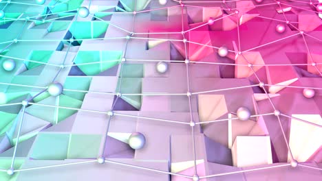 low poly 3d surface with flying grid or mesh and moving spheres as simple environment. soft geometric low poly background of pure blue pink red polygons. 4k fullhd seamless loop background