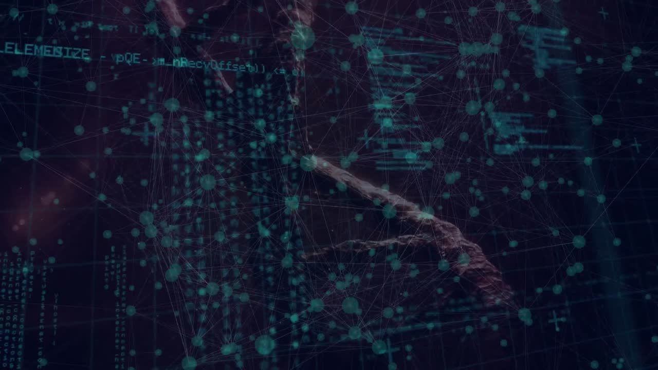 Animation of grid pattern with connected dots, dna helix and programming codes