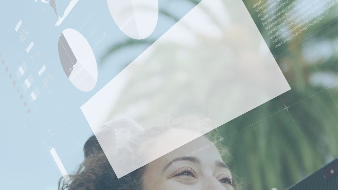 스마트 폰으로 이야기하는 두 인종의 여성에 대한 금융 데이터 처리 애니메이션