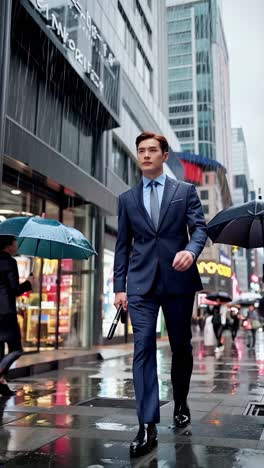 asian young elegant businessperson strolling under the rain.
