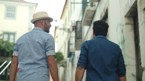 back view of male gay couple walking around city and talking