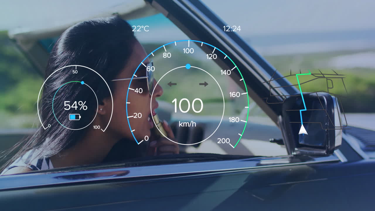 Applying lipstick in convertible, woman with speedometer and temperature animation overlay
