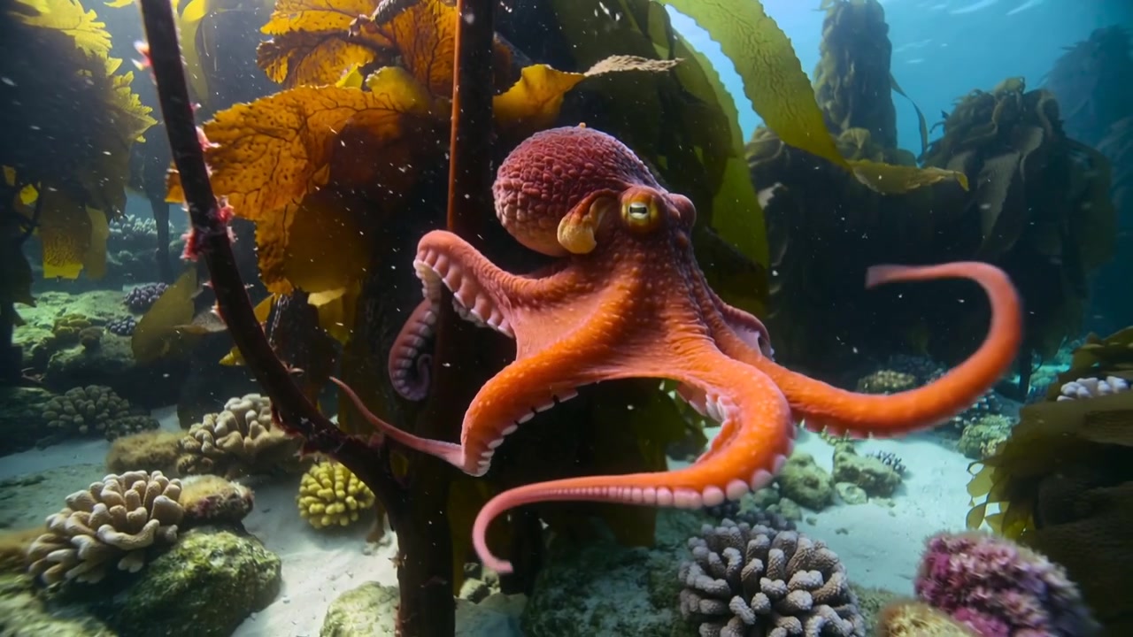 Pulpo rojo sujetando el estipe de un alga marina, estirando brazos que se despliegan, navegando entre las frondas de kelp, mostrando ventosas