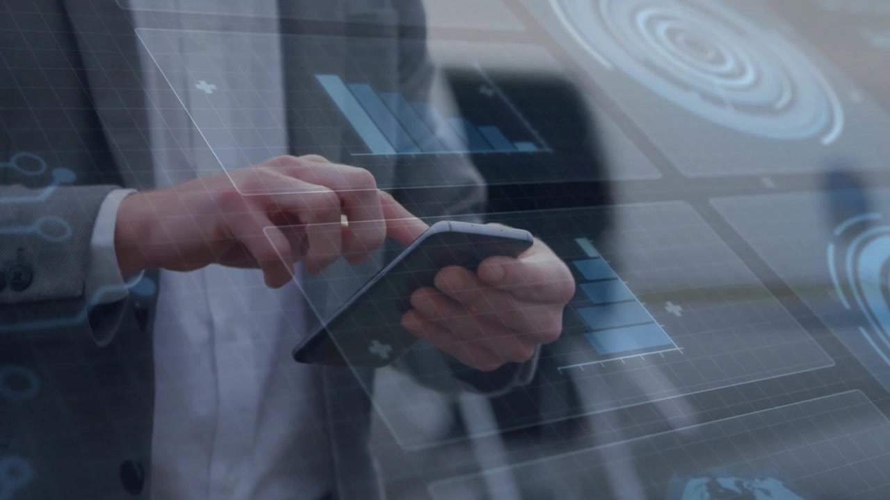 Professional lifting smartphone and tapping screen, navigating tech dashboards, 3D charts shifting