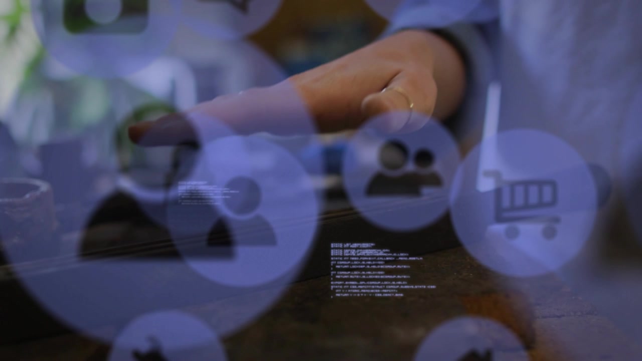 Right female hand entering hovering tapping swiping tablet browsing shop UI with blue cart glyphs