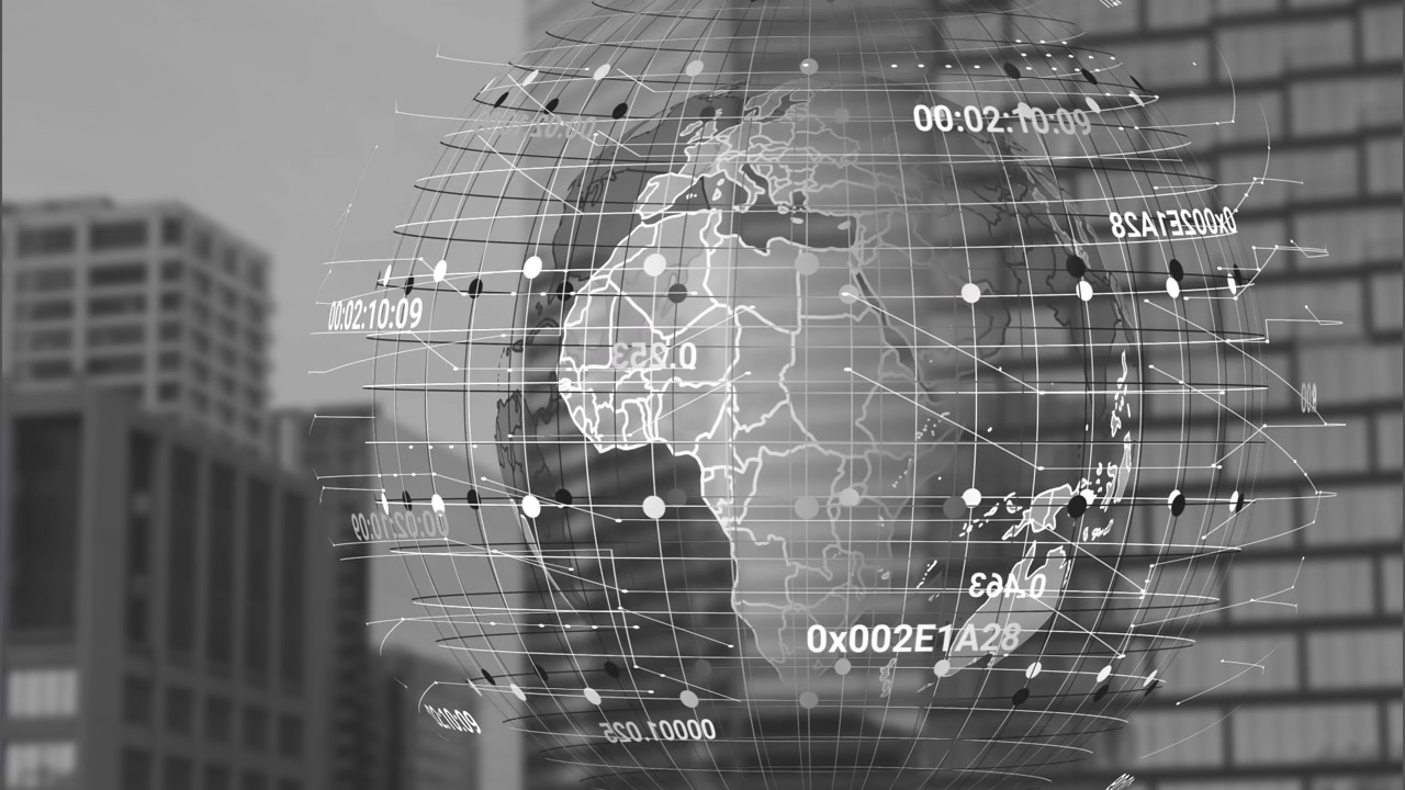 Animation of globe with data processing over cityscape