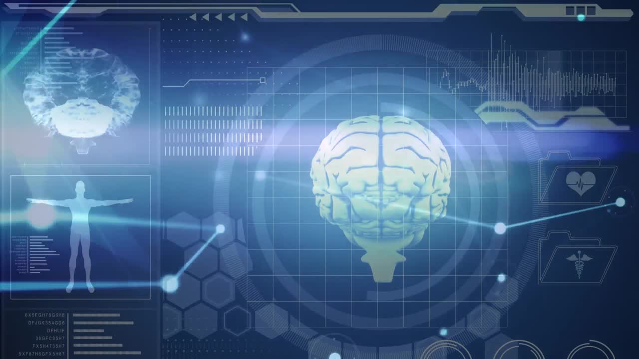 Animation of network of connections and medical data processing on black background