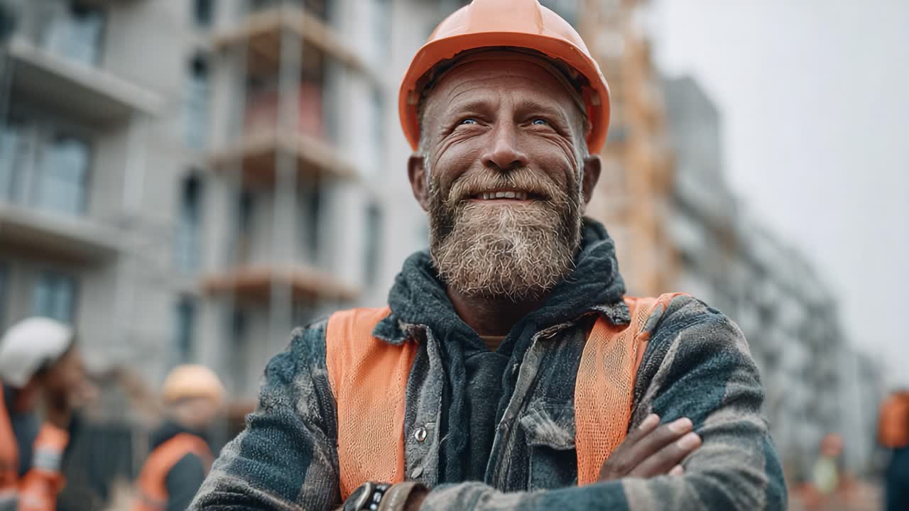 A Veteran Construction Worker Smiling Confidently on the Job Site, Showcasing Experience and Dedication Amidst Ongoing Building Projects in the Background