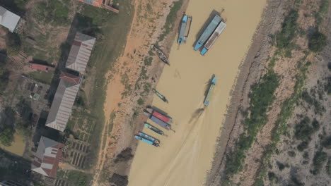 aerial of boats parked on tonle sap river