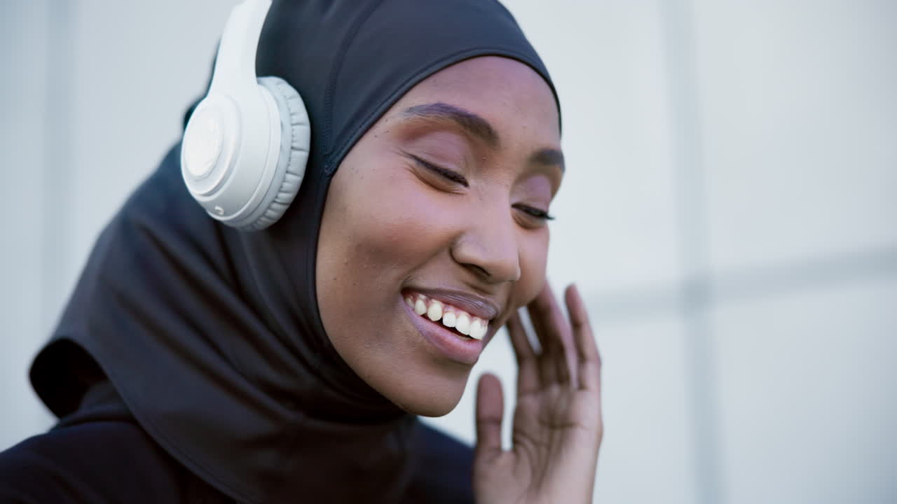 Muslim, woman and listening to music