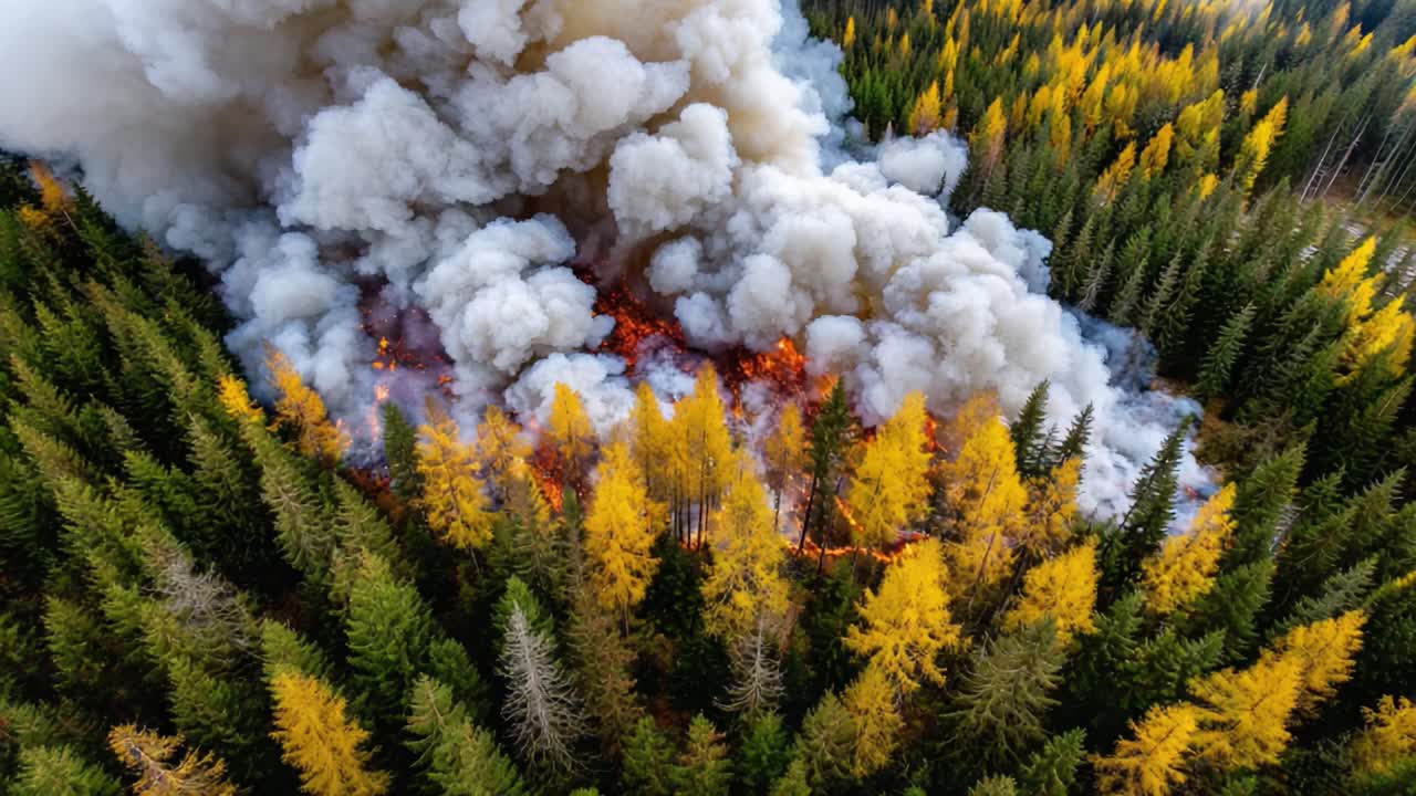 Flygbild av en skogsbrand som sprider sig genom en färgstark skog, med intensiva lågor mot en bakgrund av frodiga gröna och gyllene träd